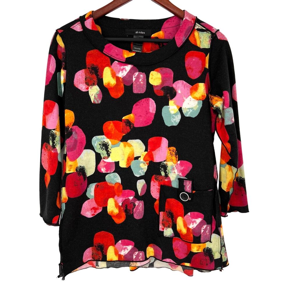 Ali Miles Sz Small Wearable Art to Wear Black Pink 3/4 Sleeve Blouse Shirt Top